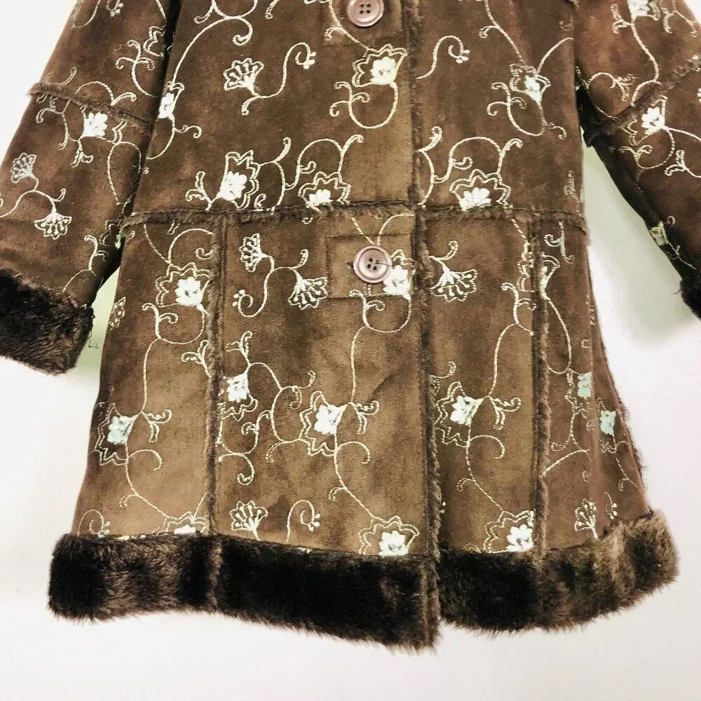 Vintage Y2K Rothschild Girls 4T Coat Brown Teal Embroidered Faux Fur Winter Long